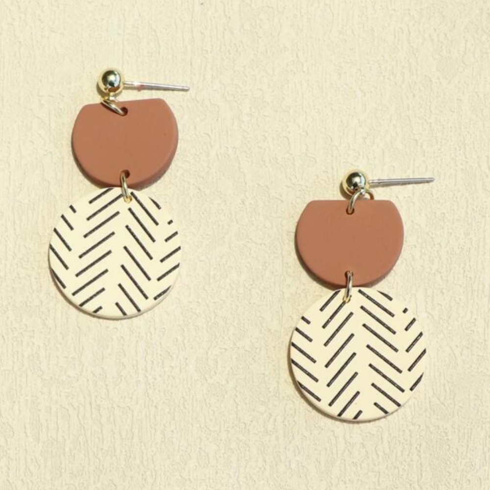 Bohemian Round Stripe Pattern Drop Clay Earrings